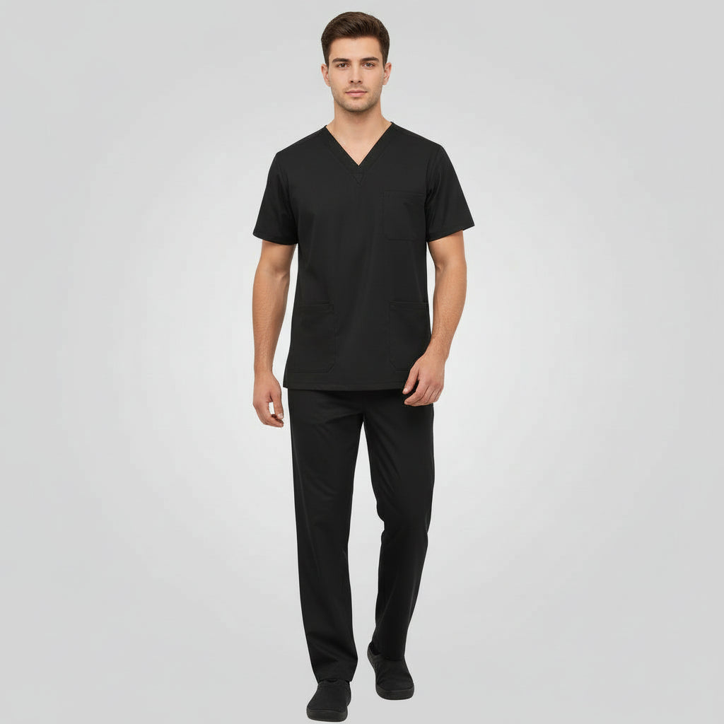 Black scrub set with shirt and pants on a white background
