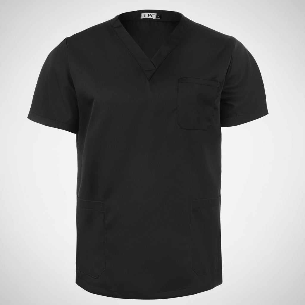 Black scrub top on a white background