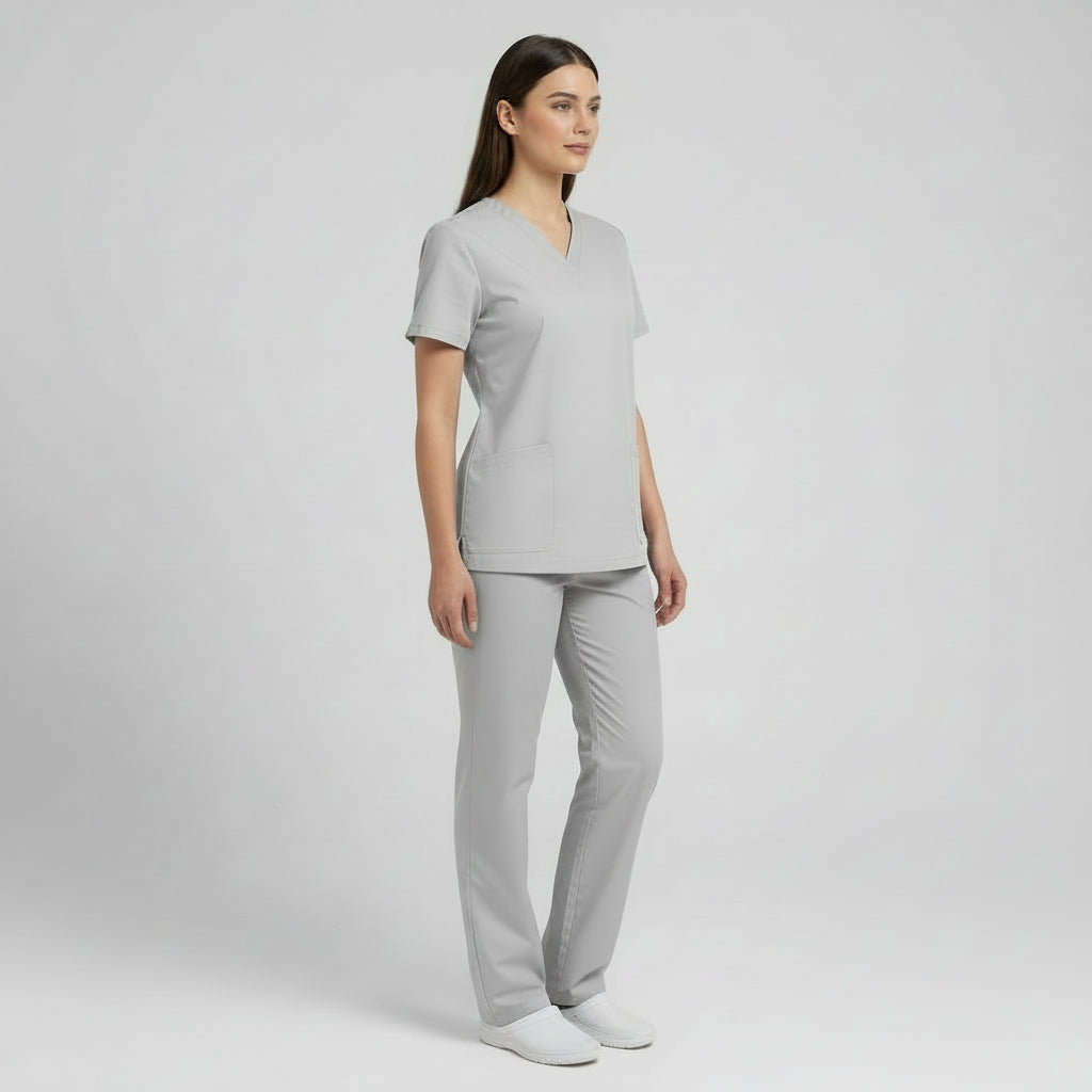 Light gray scrub set with shirt and pants on a white background