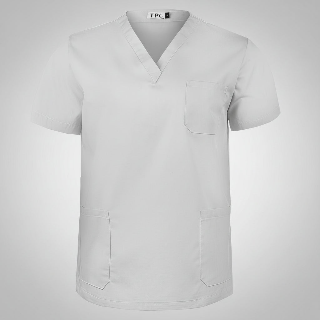 Gray scrub top with short sleeves on a white background