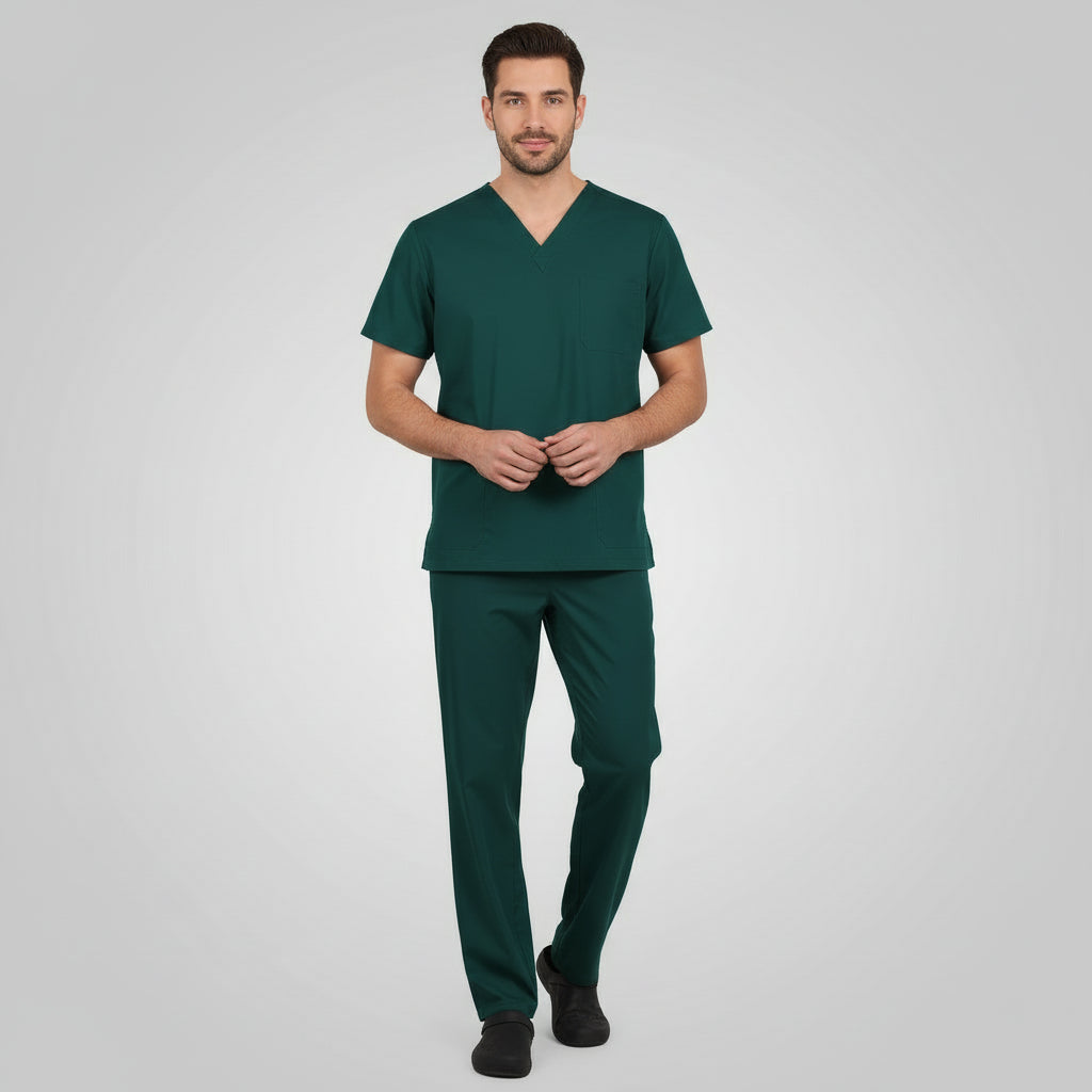 Green scrub set with shirt and pants on a white background